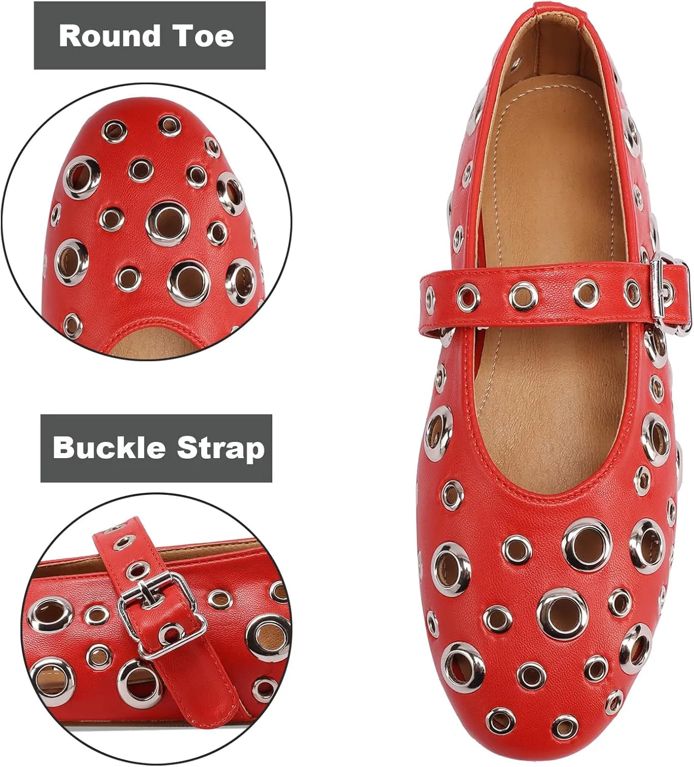 Women's Ballet Flats Metal Eyelet Perforated Studded Mary Jane Shoes with Buckle Strap
