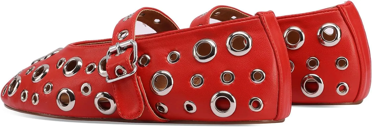 Women's Ballet Flats Metal Eyelet Perforated Studded Mary Jane Shoes with Buckle Strap