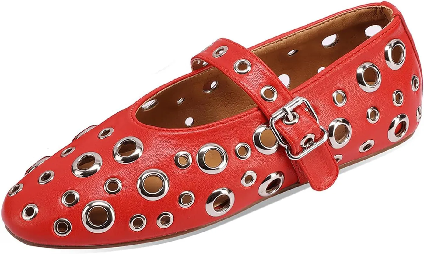 Women's Ballet Flats Metal Eyelet Perforated Studded Mary Jane Shoes with Buckle Strap