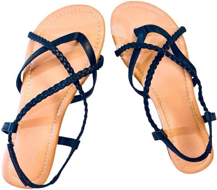 Women's Braided Strap Flat Sandals  Comfortable Open-Toe Slip-On Gladiator Sandals with Back Strap, Casual Summer Footwear