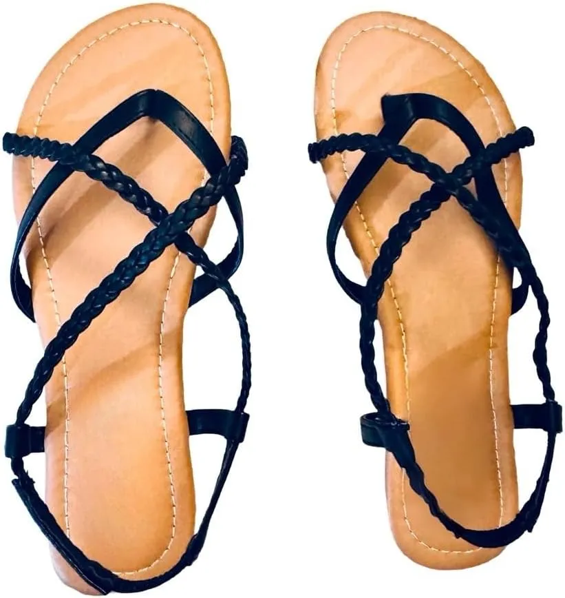 Women's Braided Strap Flat Sandals  Comfortable Open-Toe Slip-On Gladiator Sandals with Back Strap, Casual Summer Footwear