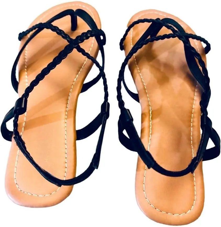 Women's Braided Strap Flat Sandals  Comfortable Open-Toe Slip-On Gladiator Sandals with Back Strap, Casual Summer Footwear