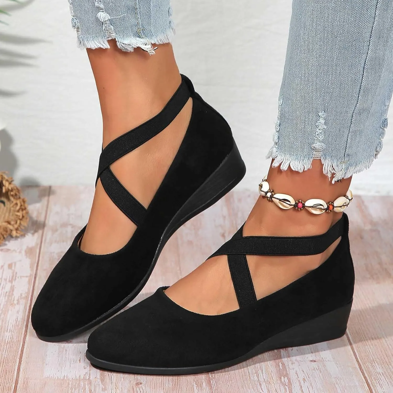 Women's Comfortable Fashion Flats Shoes Dressy Elastic Ankle Strap Round Toe Slip-On Flats Office Elastic Ankle Straps Shoes