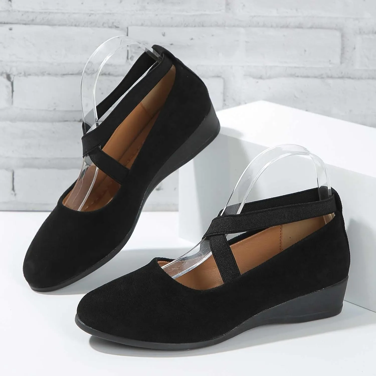 Women's Comfortable Fashion Flats Shoes Dressy Elastic Ankle Strap Round Toe Slip-On Flats Office Elastic Ankle Straps Shoes