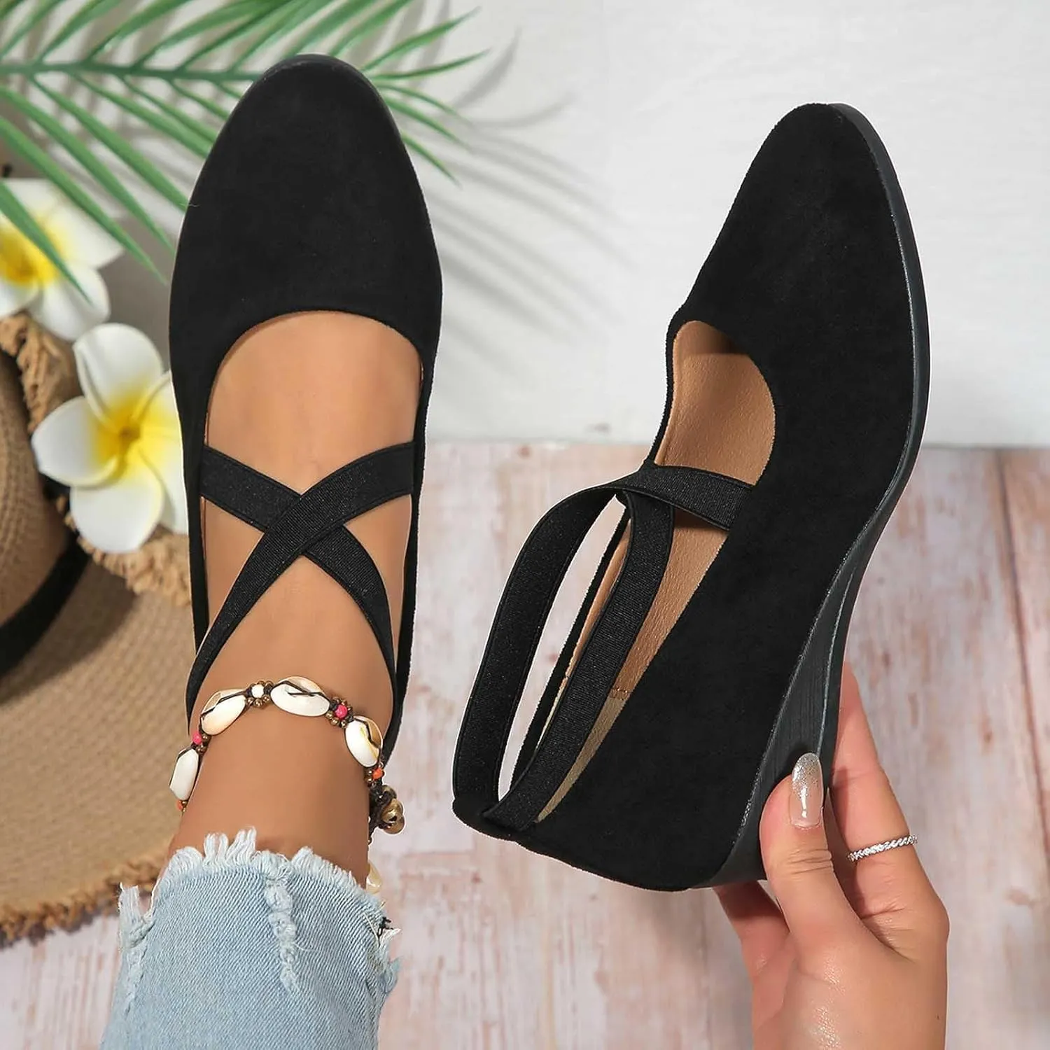 Women's Comfortable Fashion Flats Shoes Dressy Elastic Ankle Strap Round Toe Slip-On Flats Office Elastic Ankle Straps Shoes
