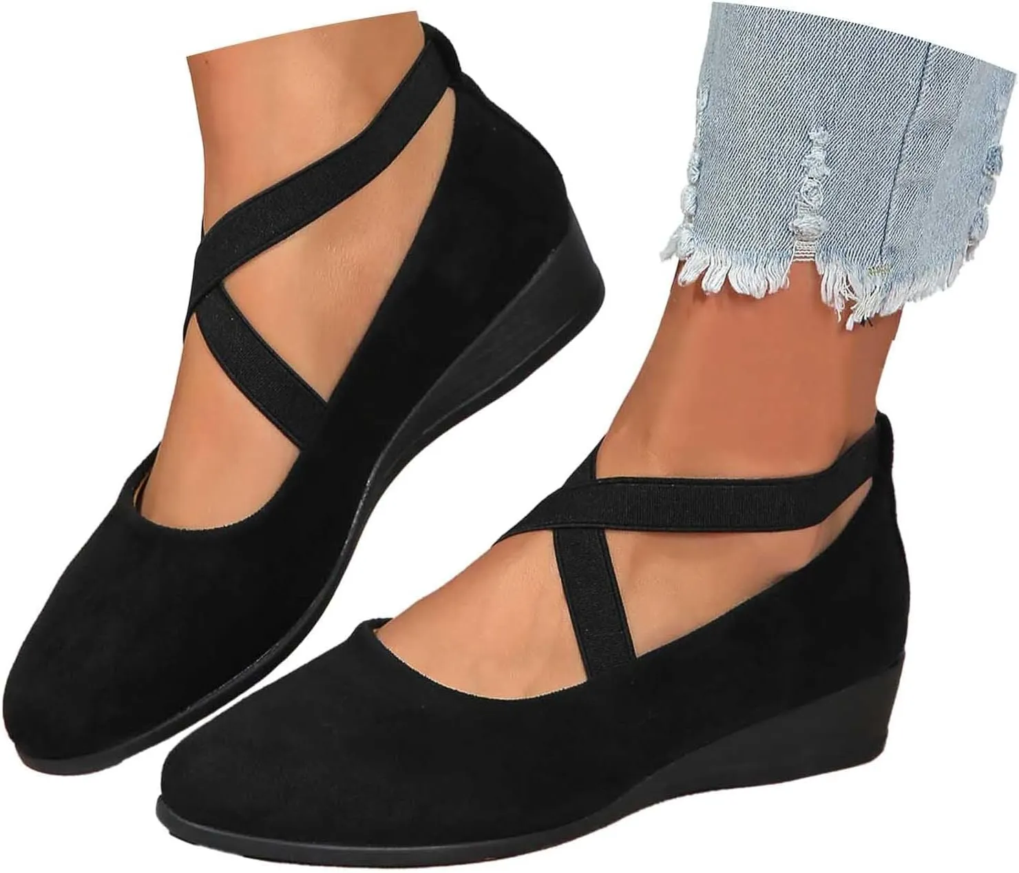 Women's Comfortable Fashion Flats Shoes Dressy Elastic Ankle Strap Round Toe Slip-On Flats Office Elastic Ankle Straps Shoes