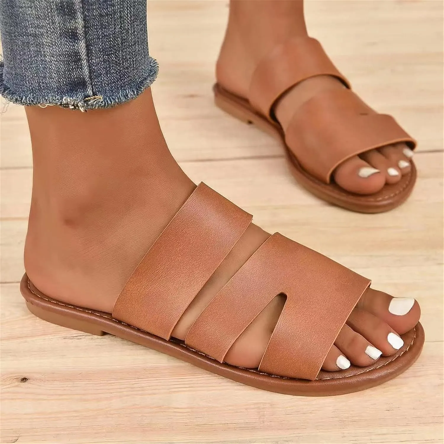 Women's Dressy Flat Sandals Comfortable Slip On Leather Slide Open Toe Comfortable Memory Foam Slides Sandals