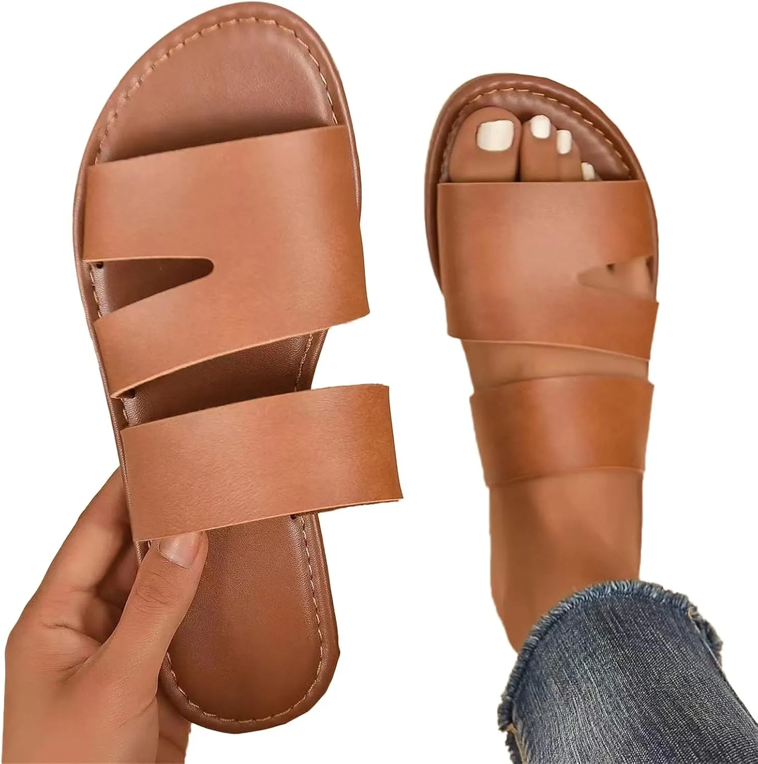 Women's Dressy Flat Sandals Comfortable Slip On Leather Slide Open Toe Comfortable Memory Foam Slides Sandals