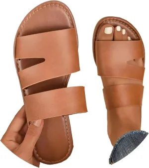 Women's Dressy Flat Sandals Comfortable Slip On Leather Slide Open Toe Comfortable Memory Foam Slides Sandals