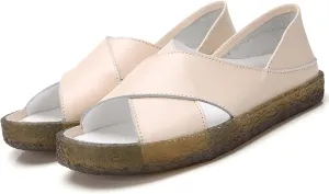 Womens Genuine Leather Beef Tendon Flat Open Toe Sandals,Summer Casual Comfort Memory Insole Slip-on with Arch Support Soft Flats Walking Sandal Loafer