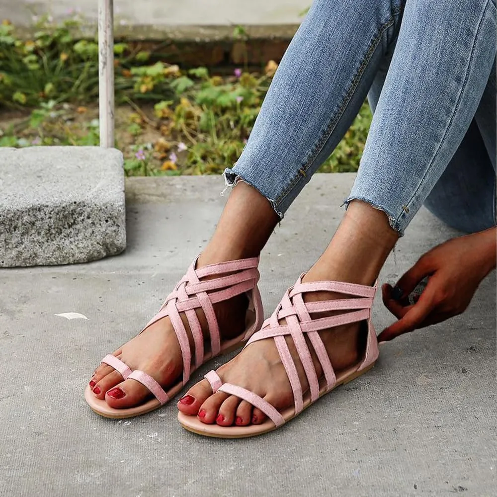 Women's Gladiator Sandals FlatThong Cross Strappy Trendy Roman Shoes Summer Open Toe Flatform Wedge Beach