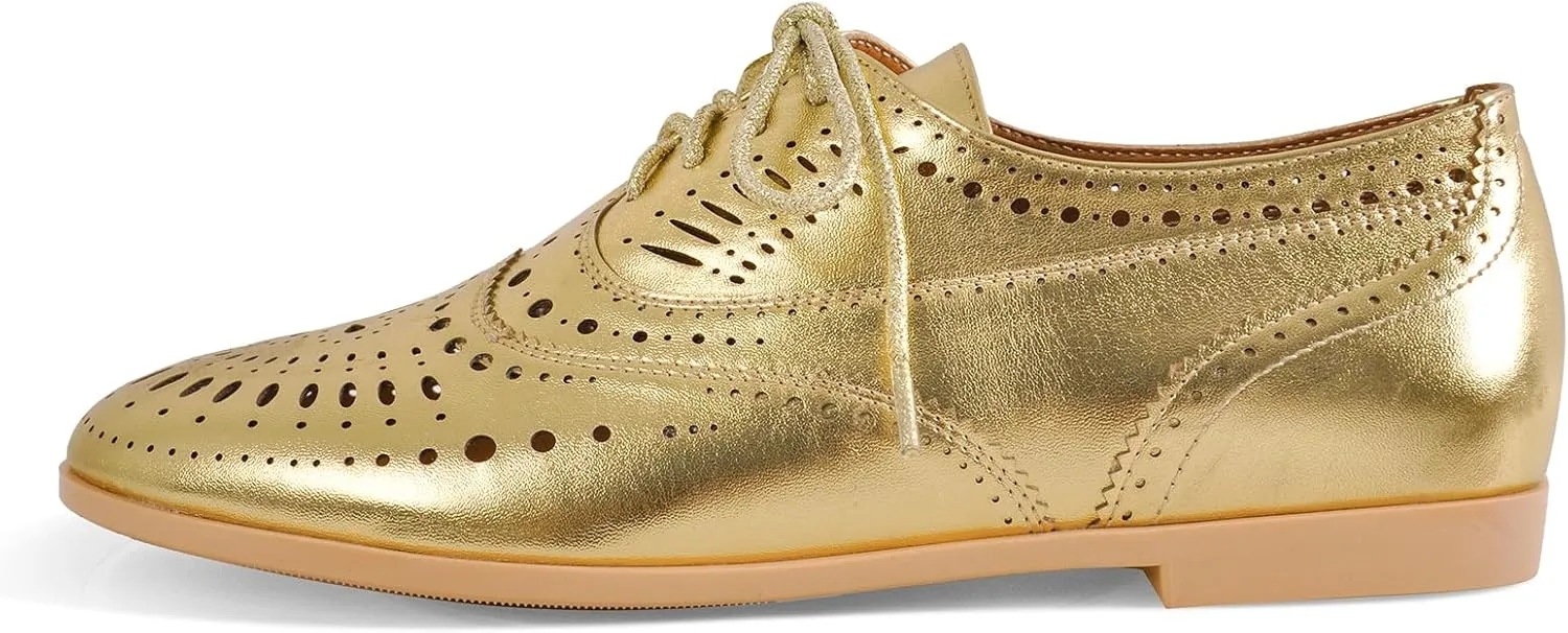 Women's Metallic Leather Oxfords Perforated Lace-up Wingtips Flats Chic Casual Brogue Dress Shoes