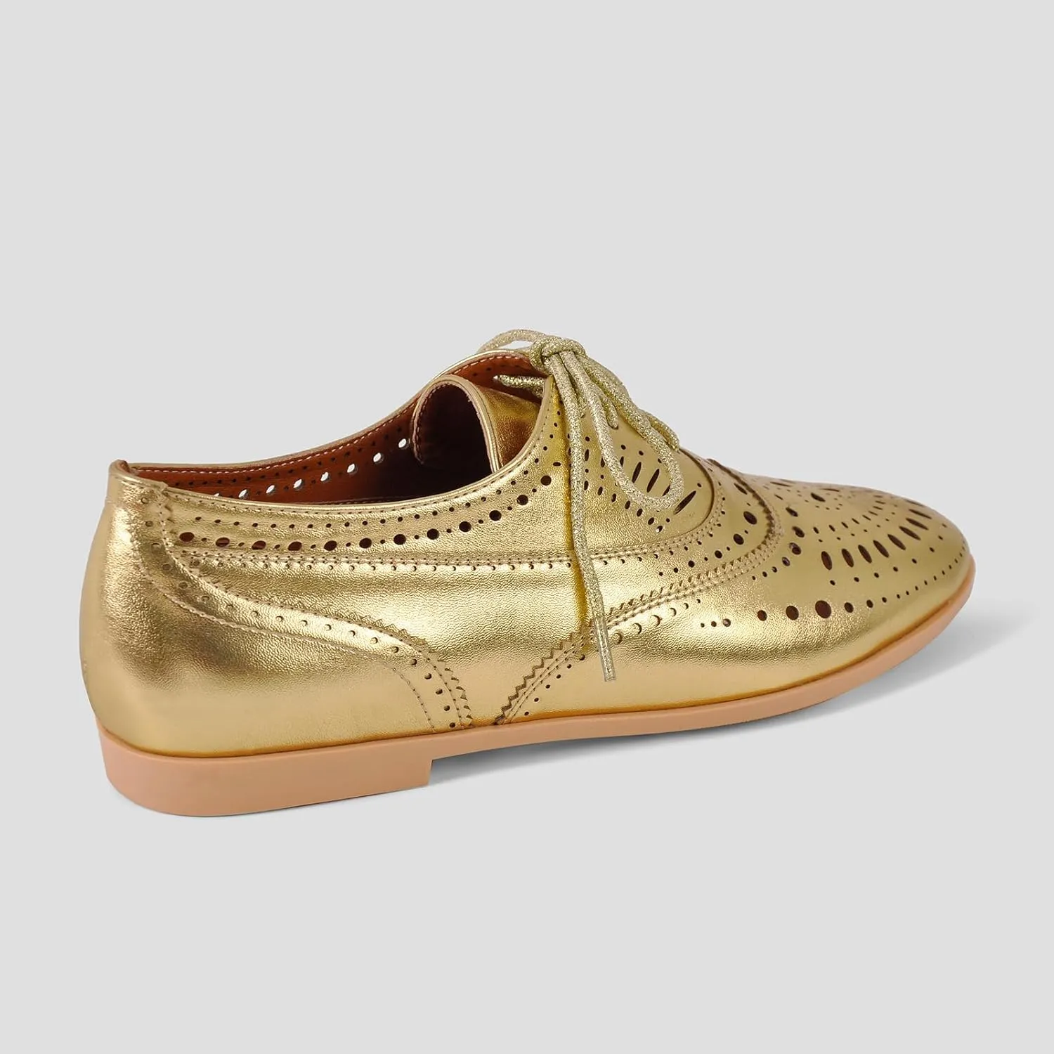 Women's Metallic Leather Oxfords Perforated Lace-up Wingtips Flats Chic Casual Brogue Dress Shoes