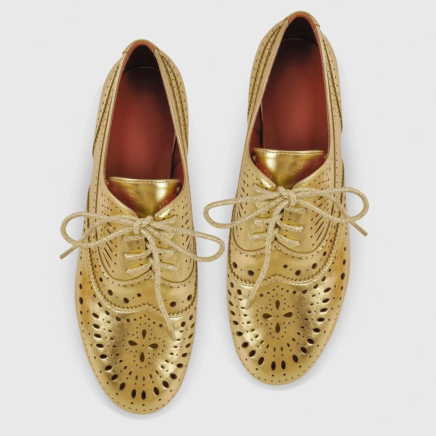Women's Metallic Leather Oxfords Perforated Lace-up Wingtips Flats Chic Casual Brogue Dress Shoes