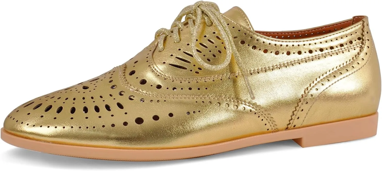 Women's Metallic Leather Oxfords Perforated Lace-up Wingtips Flats Chic Casual Brogue Dress Shoes