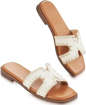Womens Sandals Slip On Fashion Flat Sandals Soft Memory Foam Slides Comfortable Leather Open Toe Slide For Summer Dressy 2025