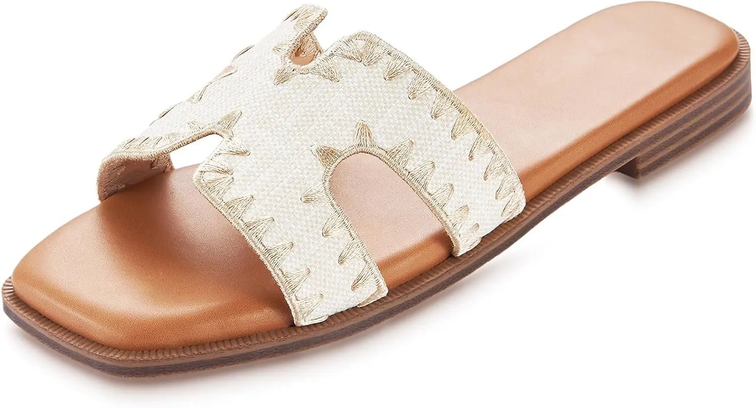 Womens Sandals Slip On Fashion Flat Sandals Soft Memory Foam Slides Comfortable Leather Open Toe Slide For Summer Dressy 2025