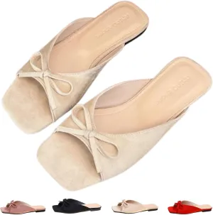 Women's Square Toe Bow Slides - Dressy Summer Sandals with Open Toe, Elegant Beach Wedding Shoes Comfortable Flat Sandals for Women