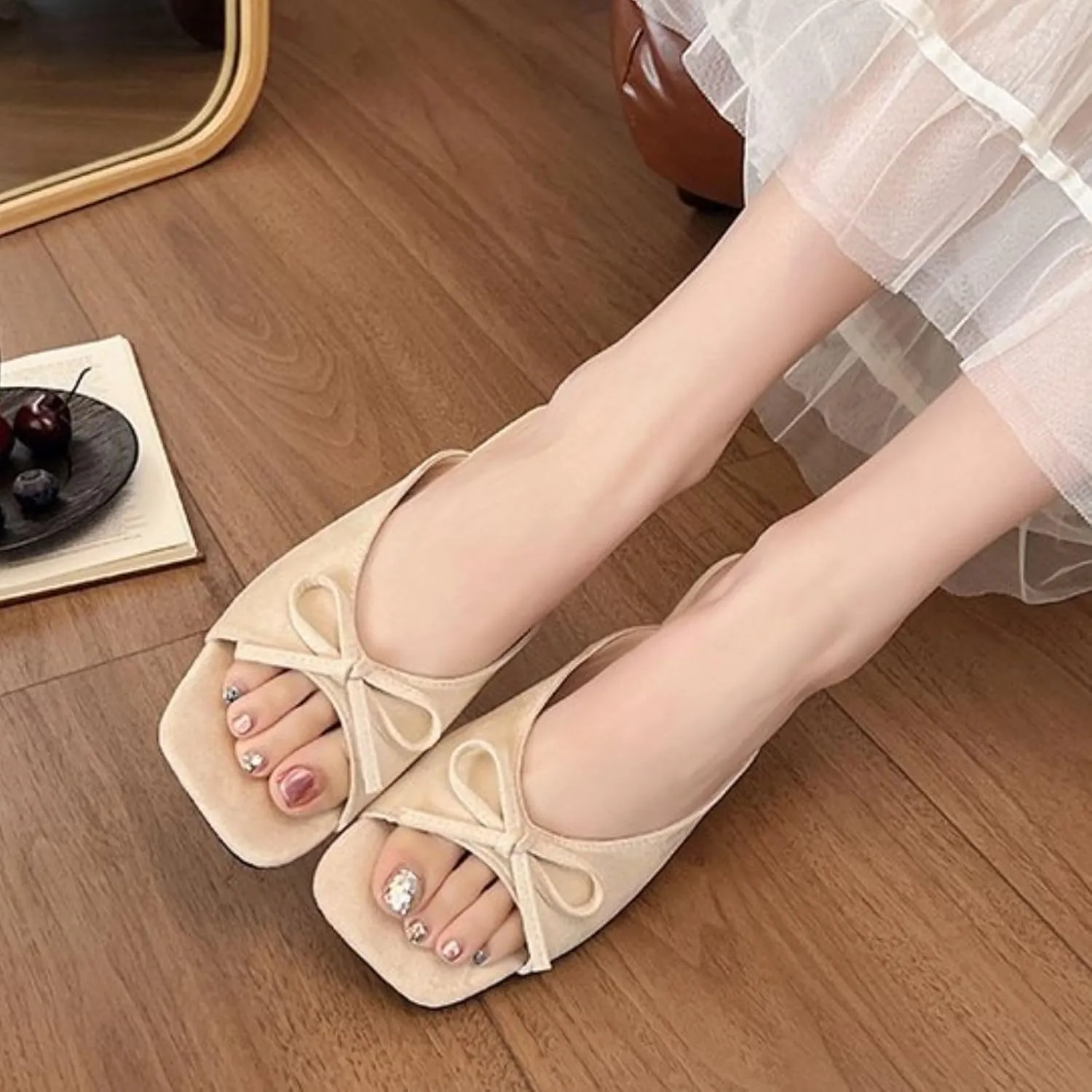 Women's Square Toe Bow Slides - Dressy Summer Sandals with Open Toe, Elegant Beach Wedding Shoes Comfortable Flat Sandals for Women