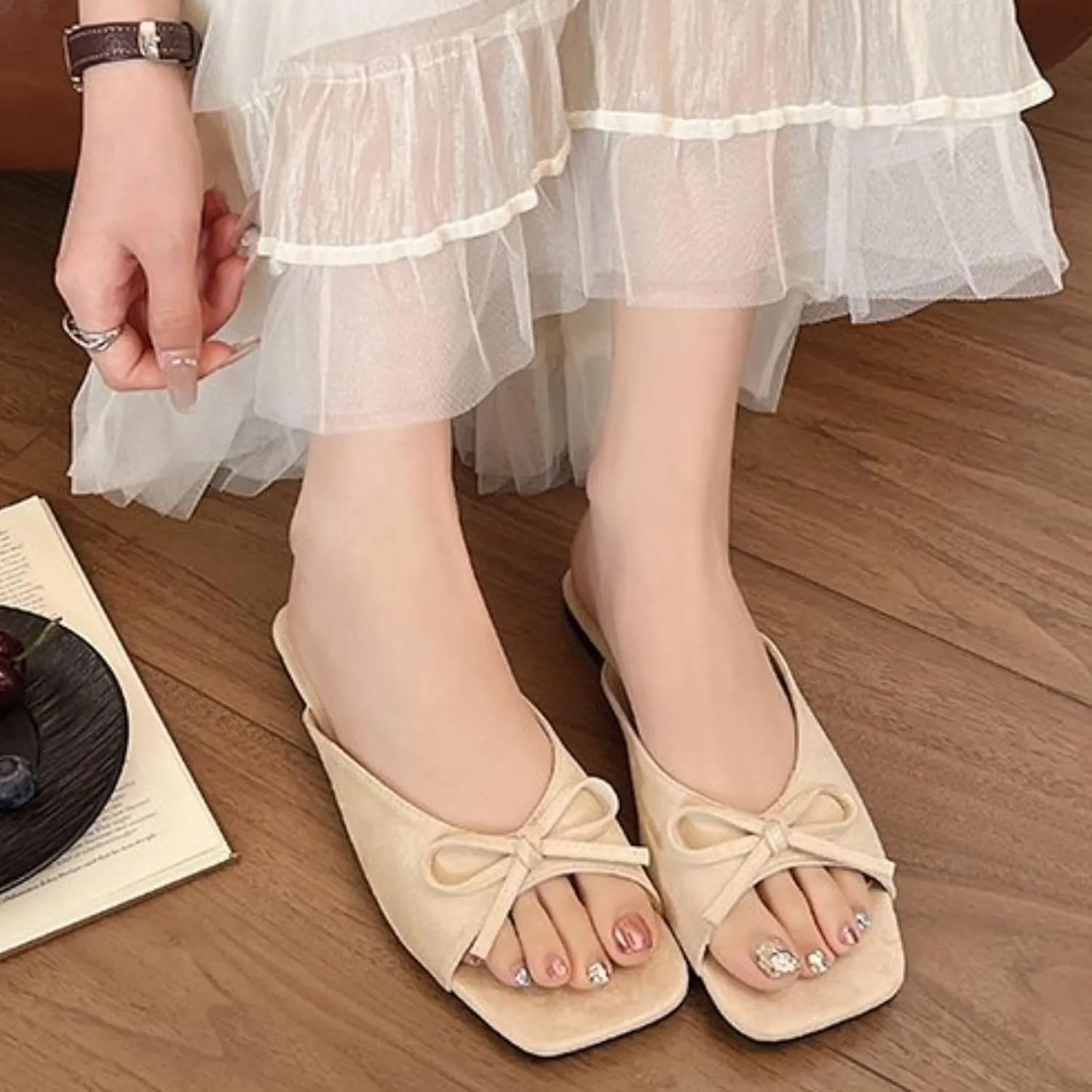 Women's Square Toe Bow Slides - Dressy Summer Sandals with Open Toe, Elegant Beach Wedding Shoes Comfortable Flat Sandals for Women