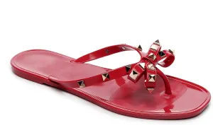 Womens Studded Sandals Flat Jelly Shoes Bow Flip Flops Thong for Ladies Black Size 7 Stud Slip On Summer Beach Rivets Dressy Slides