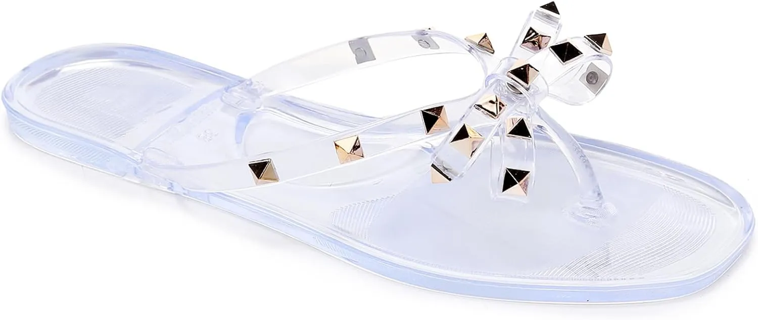 Womens Studded Sandals Flat Jelly Shoes Bow Flip Flops Thong for Ladies Black Size 7 Stud Slip On Summer Beach Rivets Dressy Slides