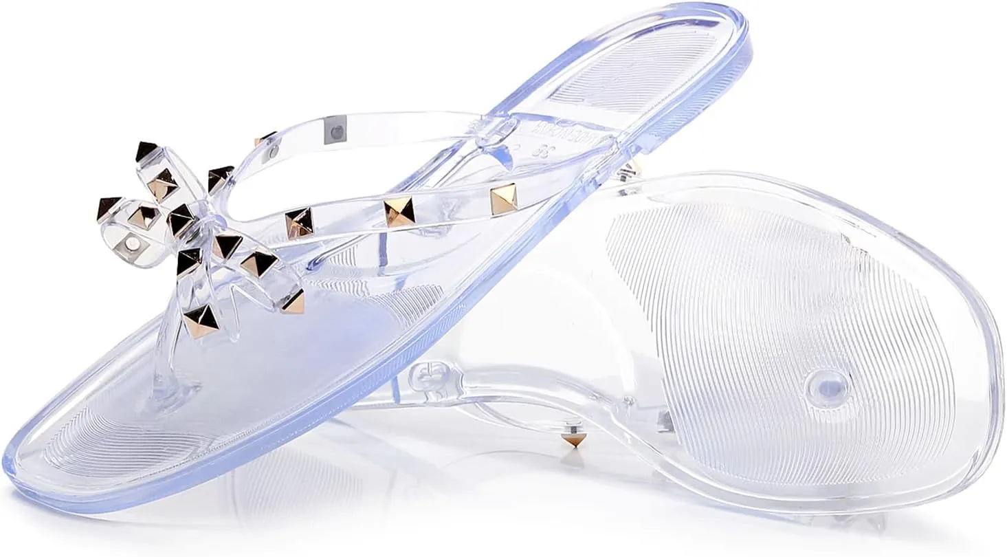 Womens Studded Sandals Flat Jelly Shoes Bow Flip Flops Thong for Ladies Black Size 7 Stud Slip On Summer Beach Rivets Dressy Slides