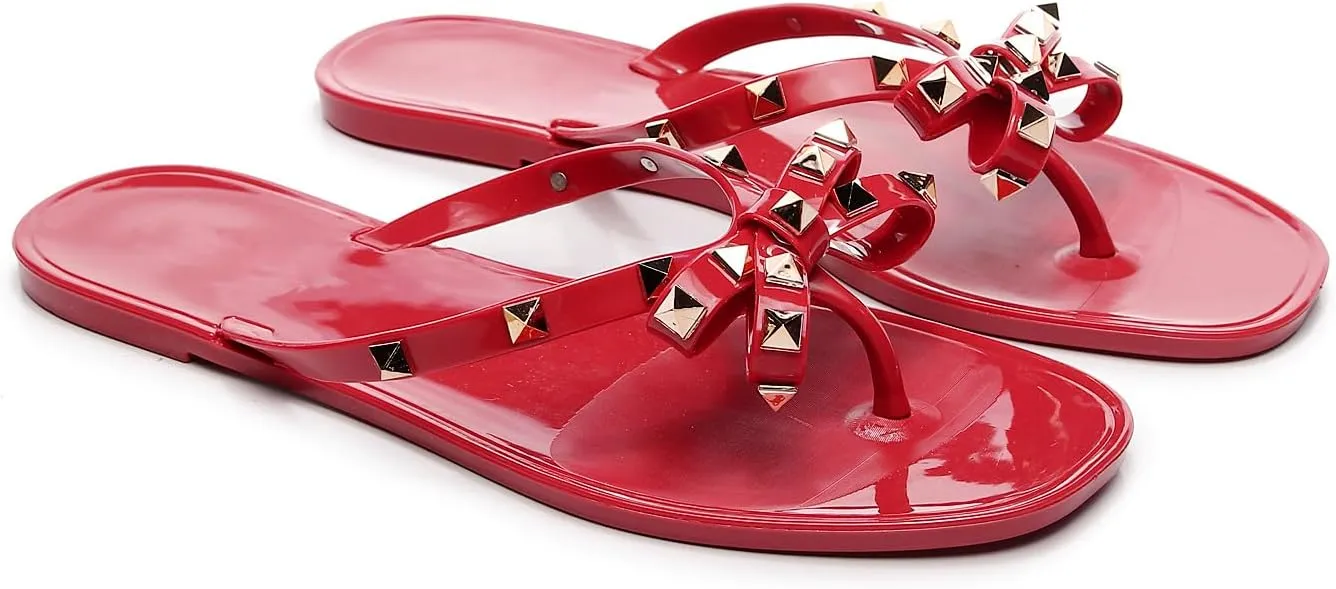 Womens Studded Sandals Flat Jelly Shoes Bow Flip Flops Thong for Ladies Black Size 7 Stud Slip On Summer Beach Rivets Dressy Slides