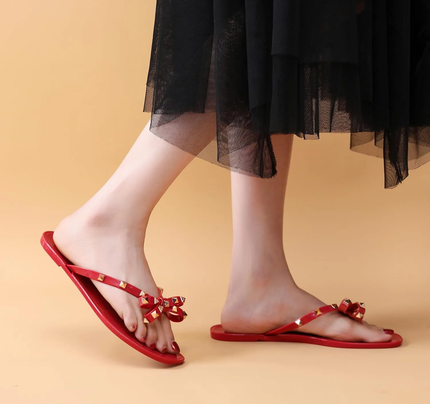 Womens Studded Sandals Flat Jelly Shoes Bow Flip Flops Thong for Ladies Black Size 7 Stud Slip On Summer Beach Rivets Dressy Slides