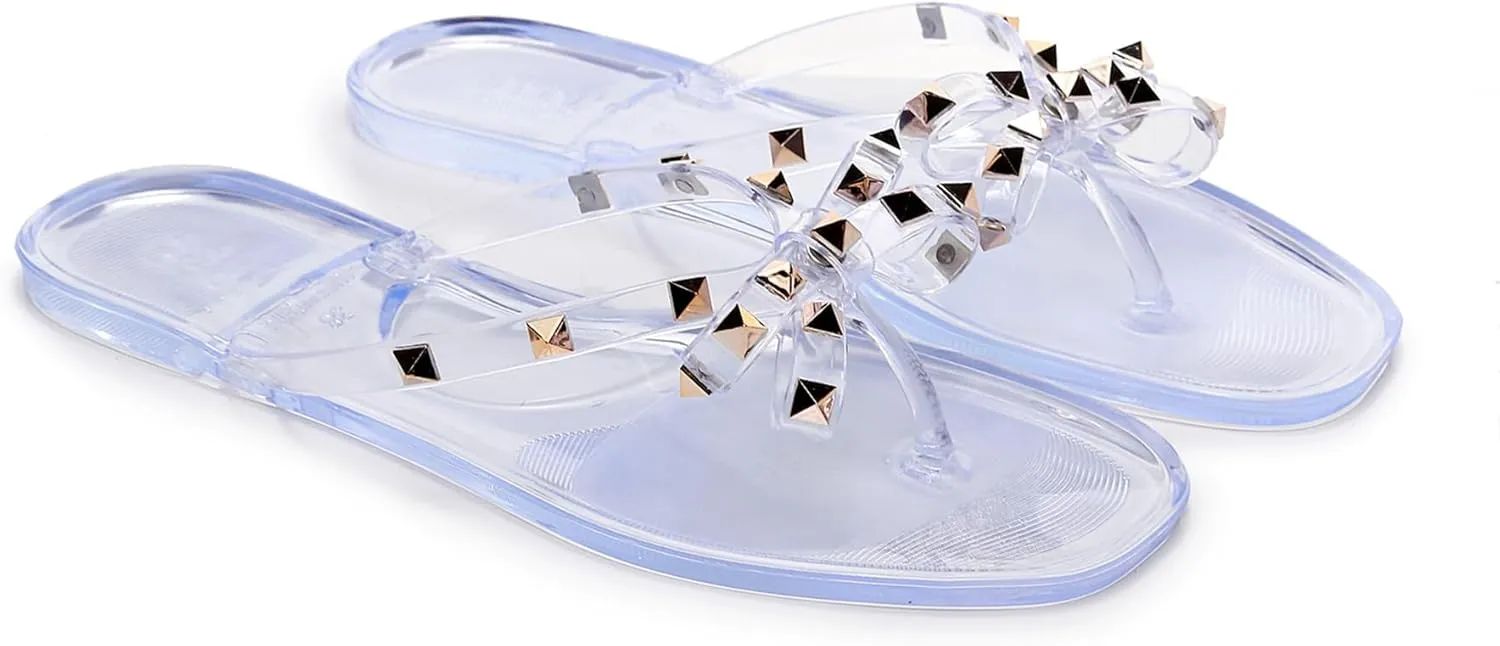 Womens Studded Sandals Flat Jelly Shoes Bow Flip Flops Thong for Ladies Black Size 7 Stud Slip On Summer Beach Rivets Dressy Slides