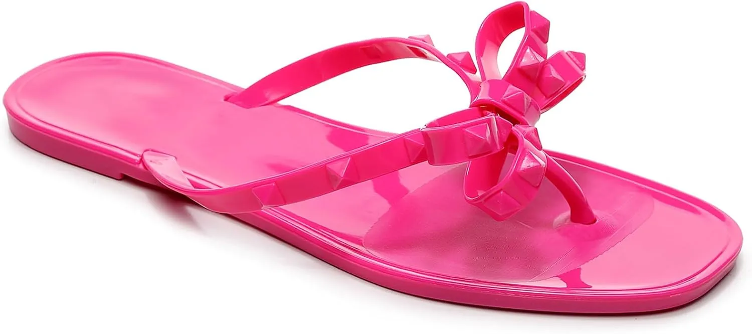Womens Studded Sandals Flat Jelly Shoes Bow Flip Flops Thong for Ladies Black Size 7 Stud Slip On Summer Beach Rivets Dressy Slides