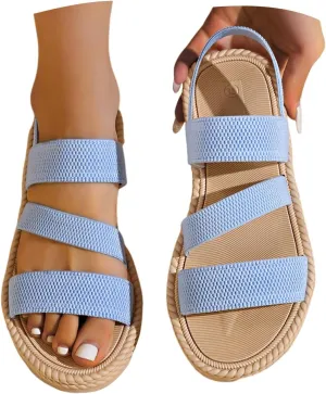 Women's Summer Flat Sandals Open Toe Slingback Comfortable Slip-On Sandals Non Slip Elastic Ankle Strap Walking Sandals Outdoor Sport Walking Casual Sandals