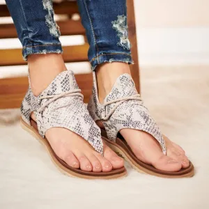 Women's Summer Gladiator Sandals Casual Comfortable Flip Flops Beach Shoes Ankle T-Strap Fashion Flat Heel Slip On Sandals for Summer (US10, Snakeskin Printed)