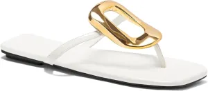 Womens Summer Square Toe Flip Flops Flat Sandals Slip On Shoes Slide Sandals with Gold Metal Decoration Dressy 2025