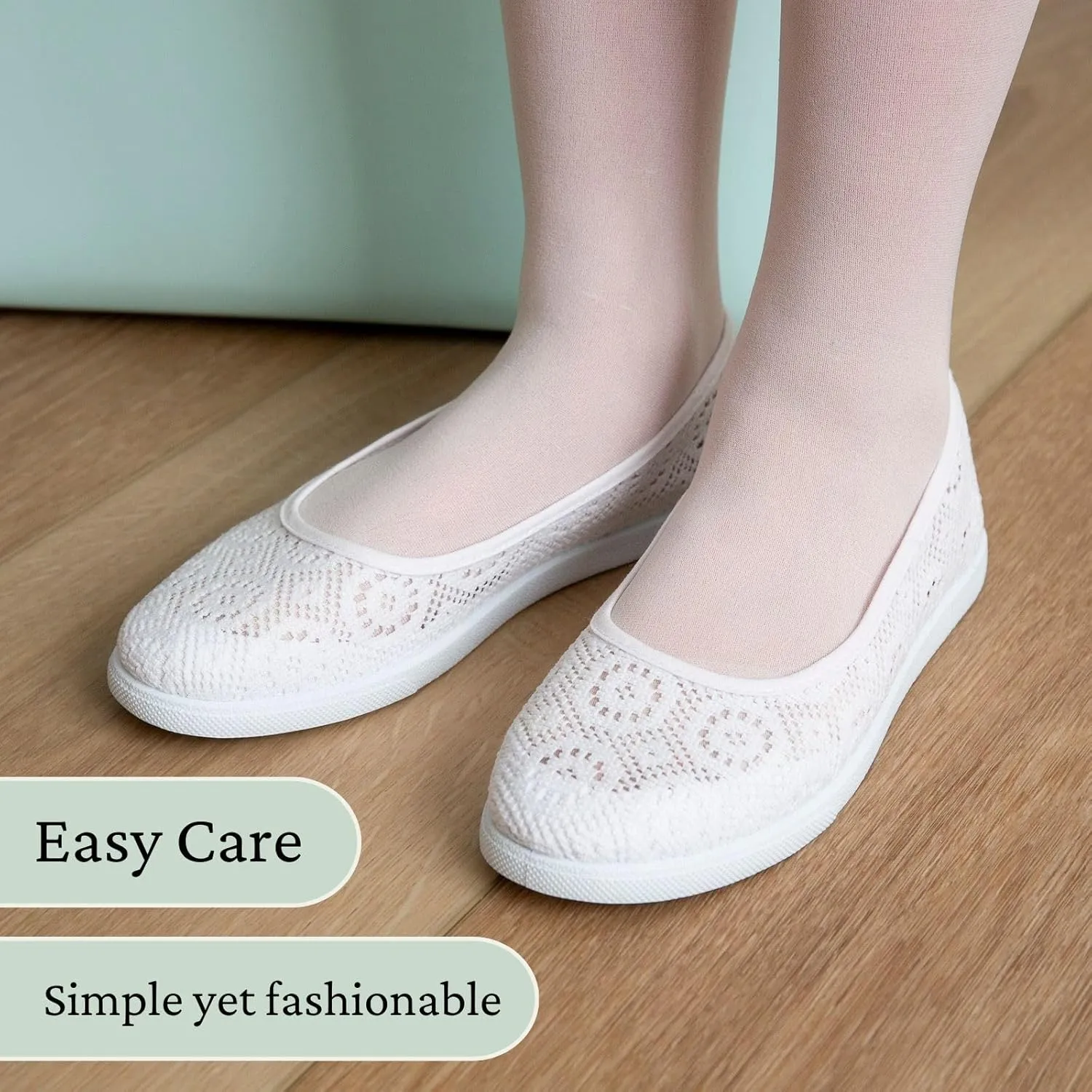 Womens White Temple Shoes  Comfortable Slip-On Flats with Crochet Lace  Lightweight, Non-Slip Temple Footwear