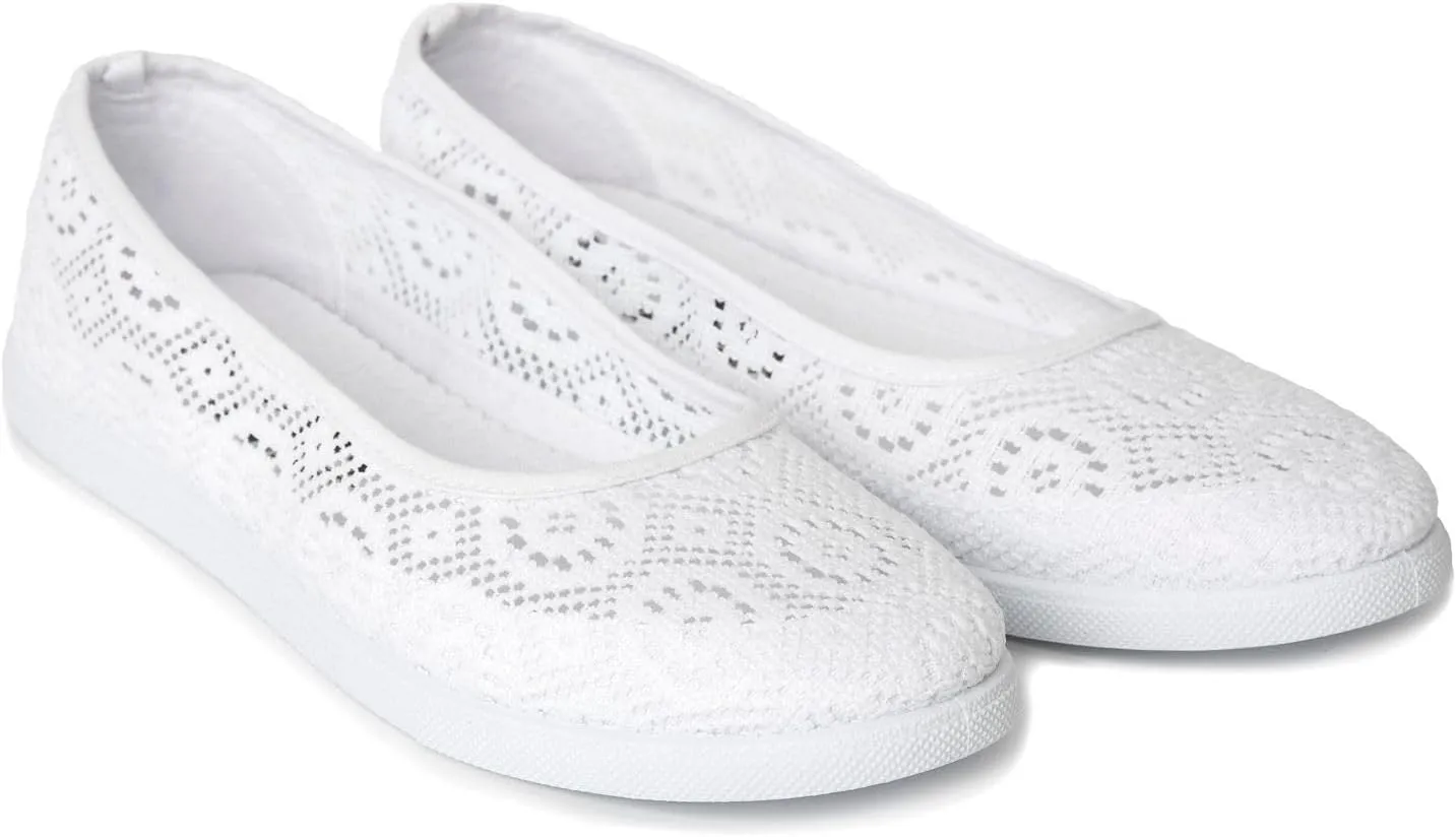 Womens White Temple Shoes  Comfortable Slip-On Flats with Crochet Lace  Lightweight, Non-Slip Temple Footwear