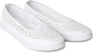 Womens White Temple Shoes  Comfortable Slip-On Flats with Crochet Lace  Lightweight, Non-Slip Temple Footwear