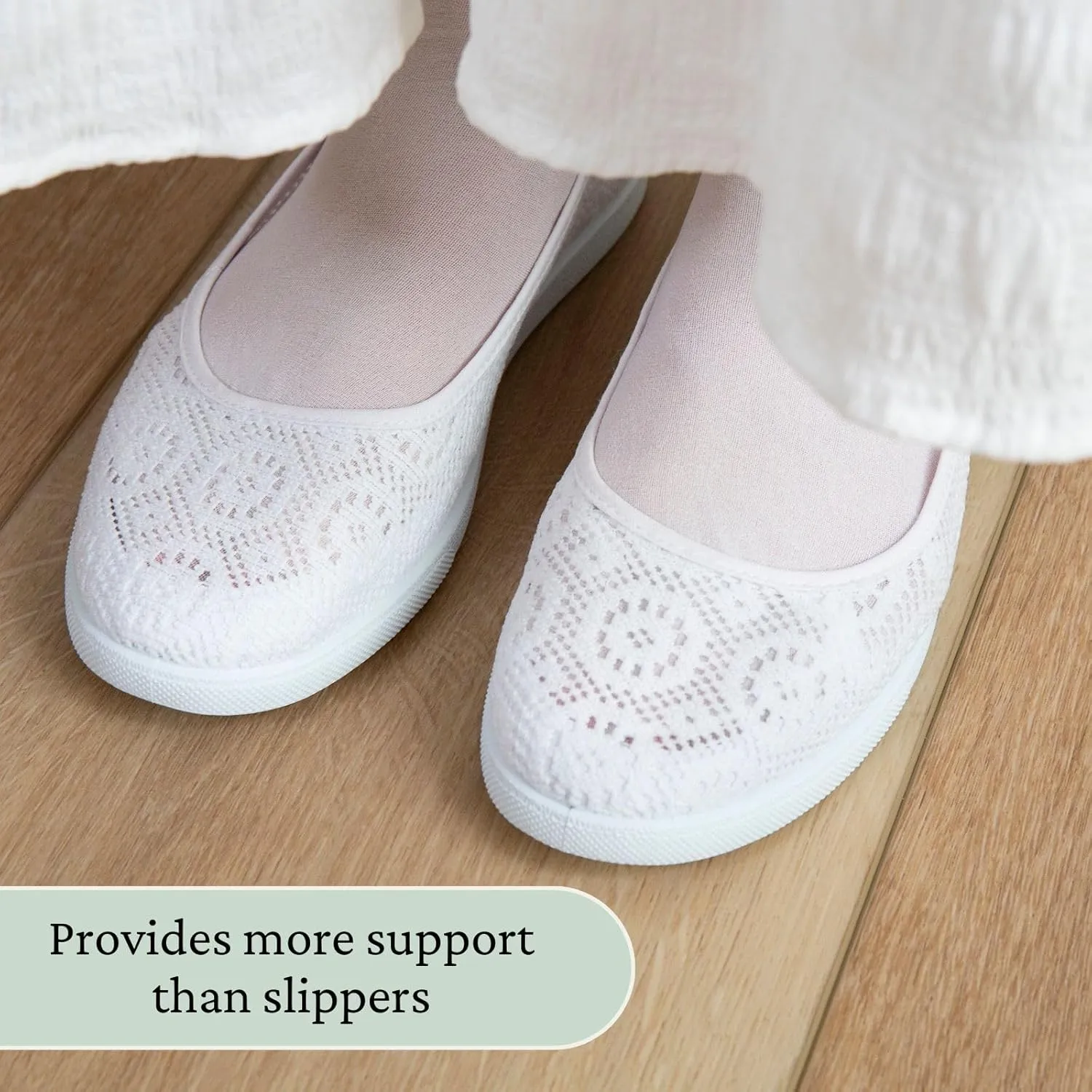 Womens White Temple Shoes  Comfortable Slip-On Flats with Crochet Lace  Lightweight, Non-Slip Temple Footwear