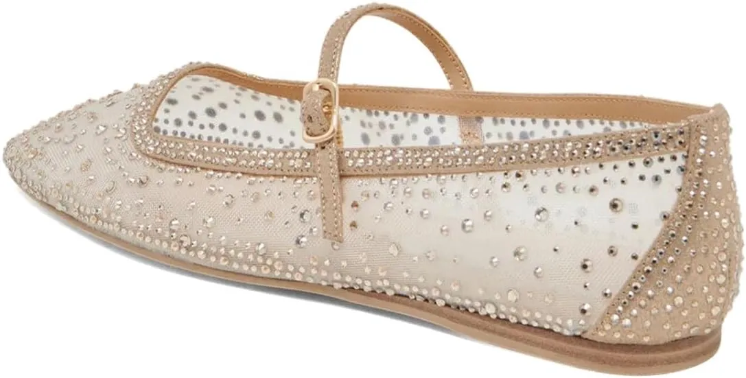 XYD Women Dazzled Crystals Ballet Flats Square Toe Strap with Buckled Mary Jane Dating Dress Shoes