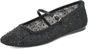 XYD Women Dazzled Crystals Ballet Flats Square Toe Strap with Buckled Mary Jane Dating Dress Shoes