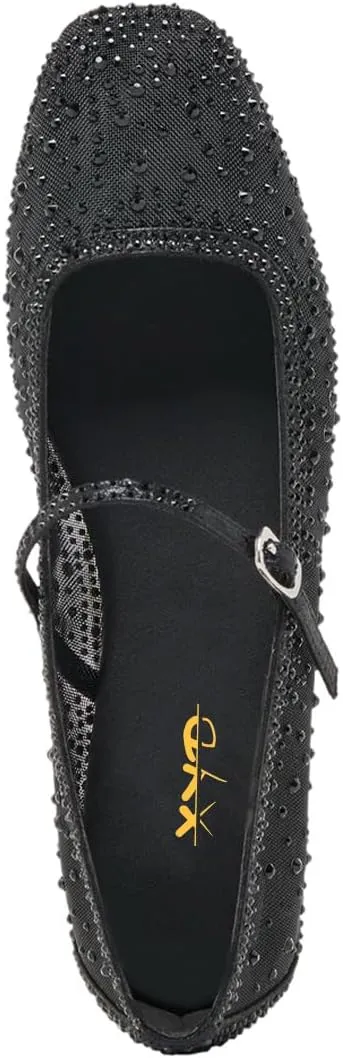 XYD Women Dazzled Crystals Ballet Flats Square Toe Strap with Buckled Mary Jane Dating Dress Shoes