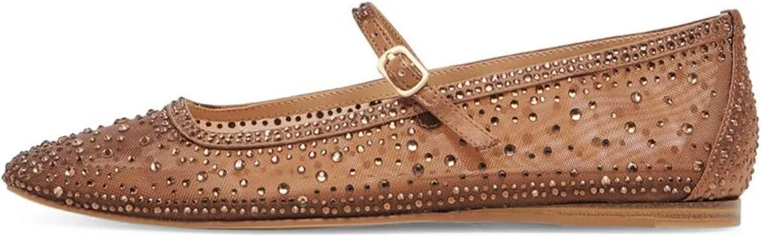XYD Women Dazzled Crystals Ballet Flats Square Toe Strap with Buckled Mary Jane Dating Dress Shoes