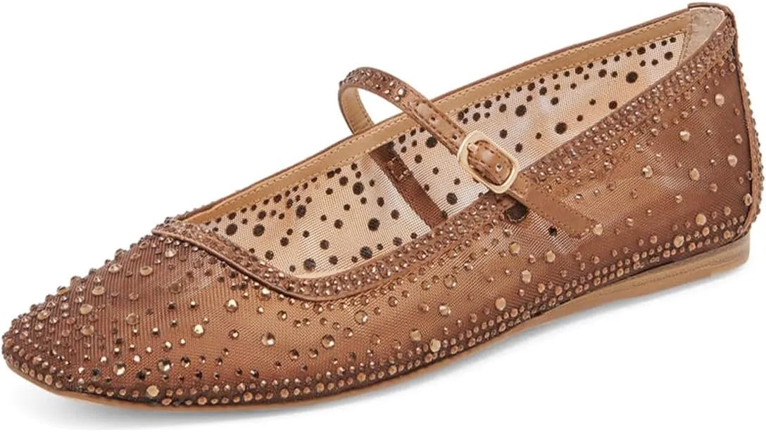 XYD Women Dazzled Crystals Ballet Flats Square Toe Strap with Buckled Mary Jane Dating Dress Shoes