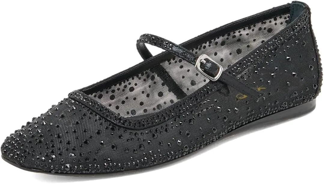 XYD Women Dazzled Crystals Ballet Flats Square Toe Strap with Buckled Mary Jane Dating Dress Shoes