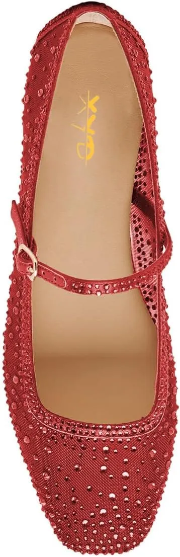 XYD Women Dazzled Crystals Ballet Flats Square Toe Strap with Buckled Mary Jane Dating Dress Shoes