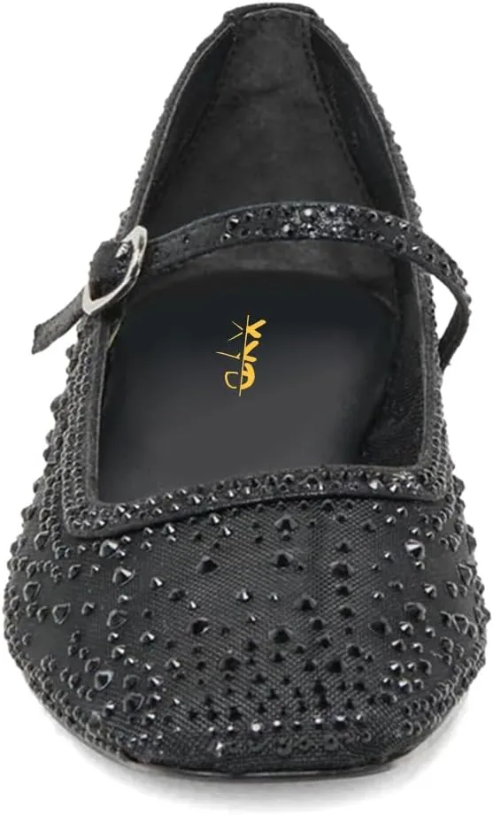 XYD Women Dazzled Crystals Ballet Flats Square Toe Strap with Buckled Mary Jane Dating Dress Shoes