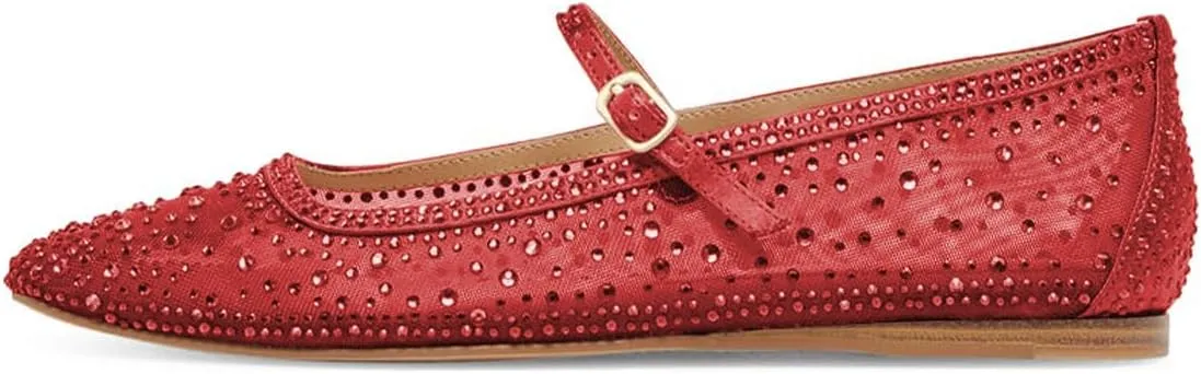 XYD Women Dazzled Crystals Ballet Flats Square Toe Strap with Buckled Mary Jane Dating Dress Shoes