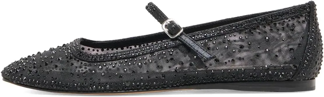 XYD Women Dazzled Crystals Ballet Flats Square Toe Strap with Buckled Mary Jane Dating Dress Shoes