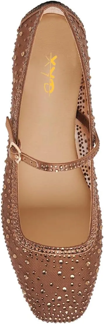 XYD Women Dazzled Crystals Ballet Flats Square Toe Strap with Buckled Mary Jane Dating Dress Shoes