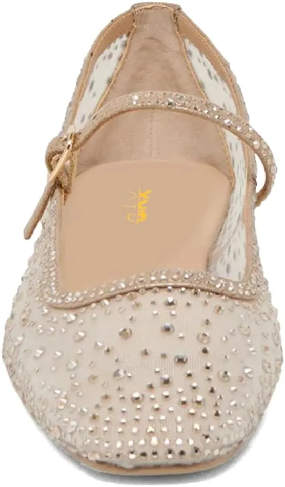 XYD Women Dazzled Crystals Ballet Flats Square Toe Strap with Buckled Mary Jane Dating Dress Shoes